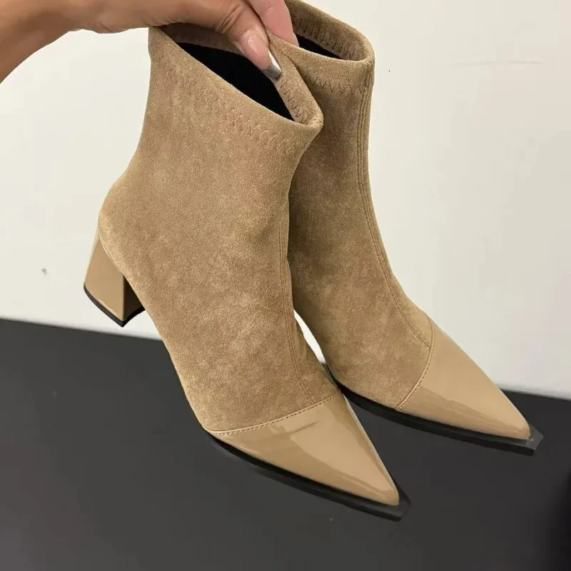 Autumn And Winter Light French Niche Pointed Toe Thick Heel Slimming Elastic Womens Highheeled Boots 251027_voghion.com