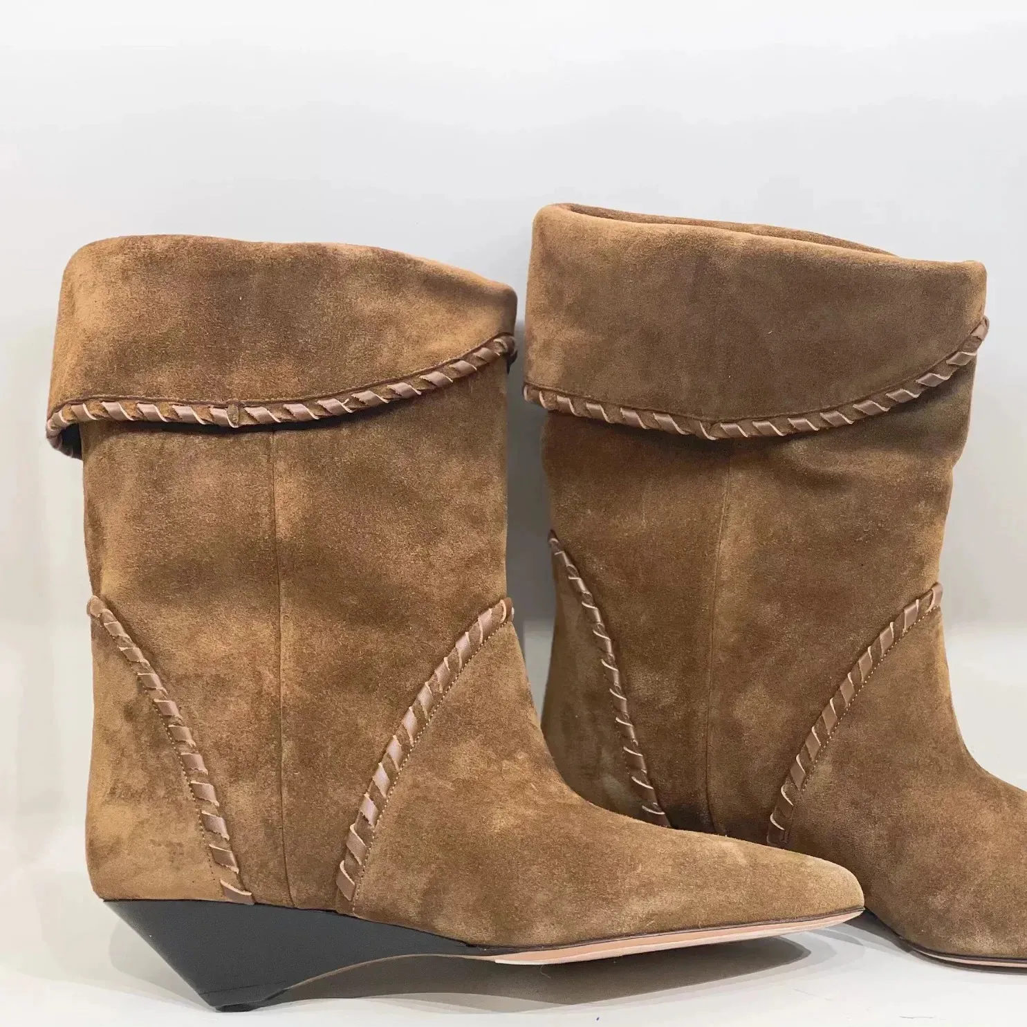 Womens TwoWay Wear Leather Version Western Cowboy Short Point Flip Edge Booties Sharp Pointed Toe Stacked Boots 251027_voghion.com