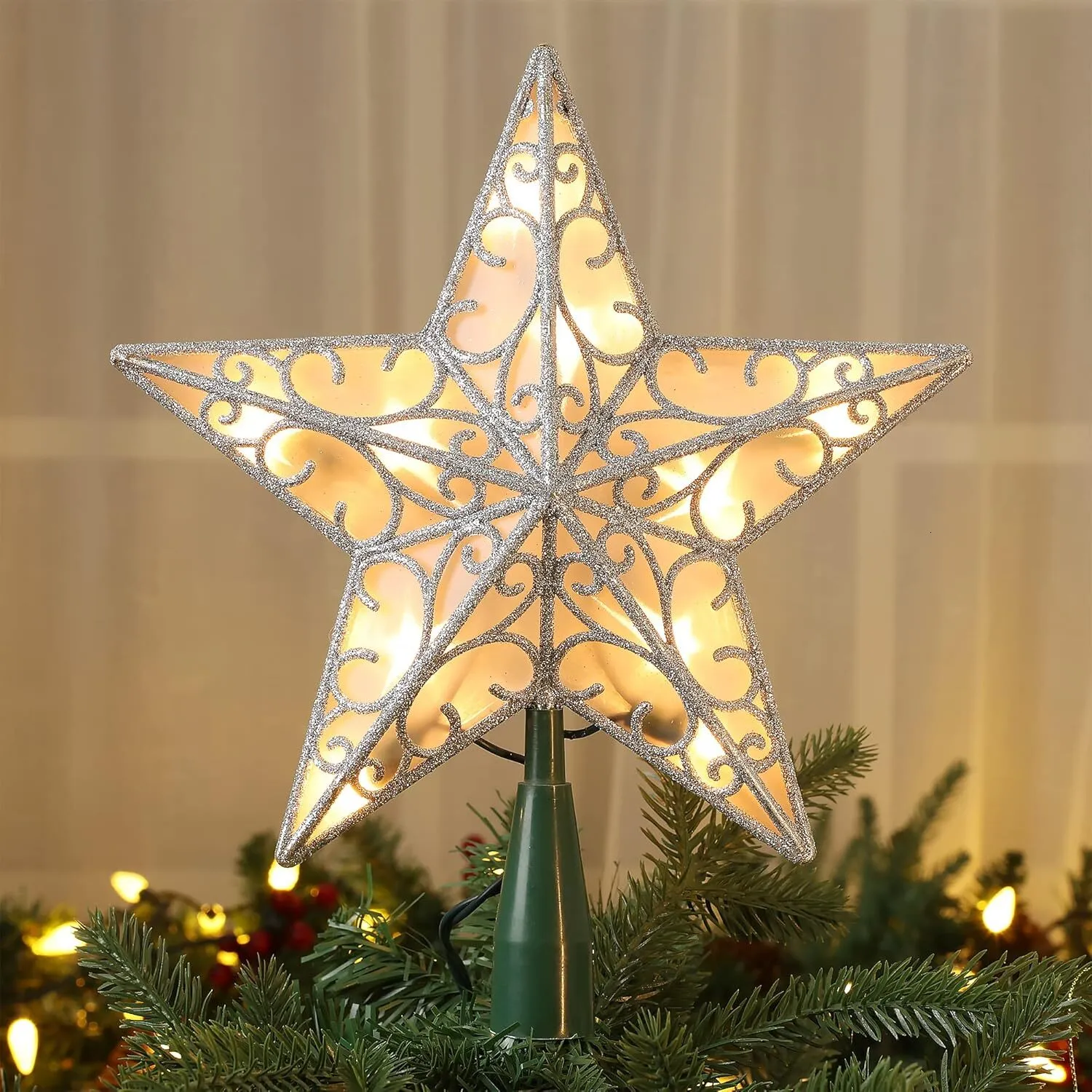 Christmas Tree Topper Glittered Silver Treetop Star with Lights UL ...