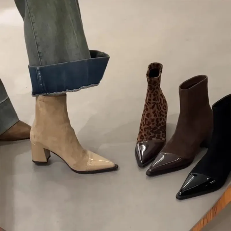 Autumn And Winter Light French Niche Pointed Toe Thick Heel Slimming Elastic Womens Highheeled Boots 251027_voghion.com