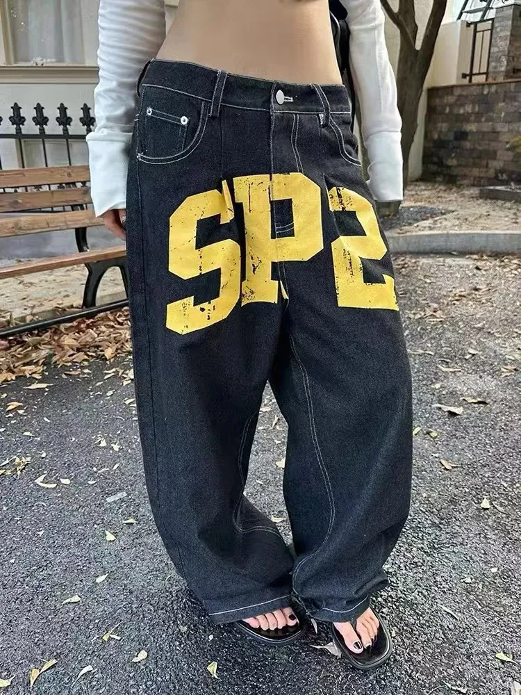 Y2K SP2 Graphic Print Wide Leg Jeans – Distressed From Deng03