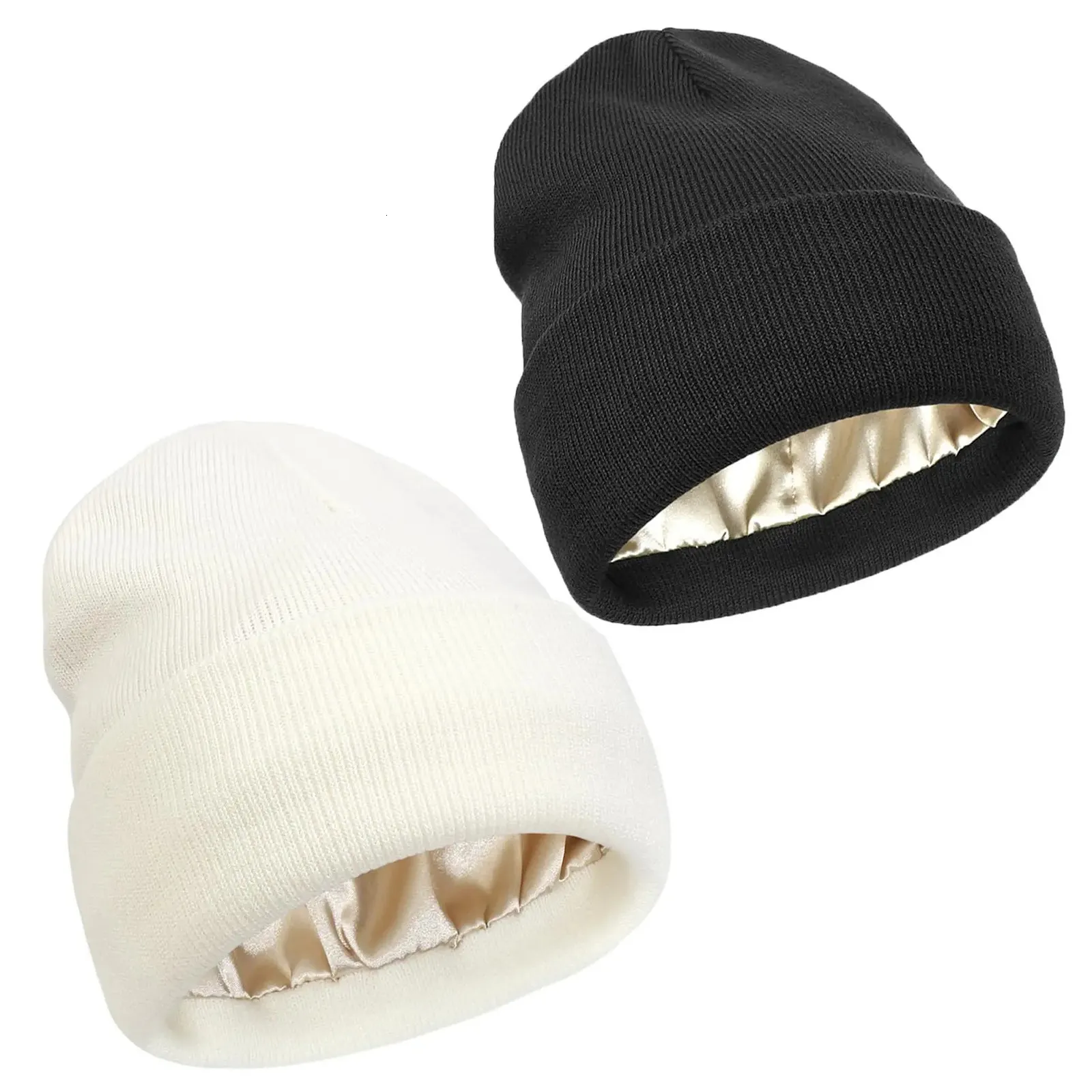 Winter Warm Satin Lined Beanie Hat Silk Lining Unisex Knit Slouchy Caps Women main image 3