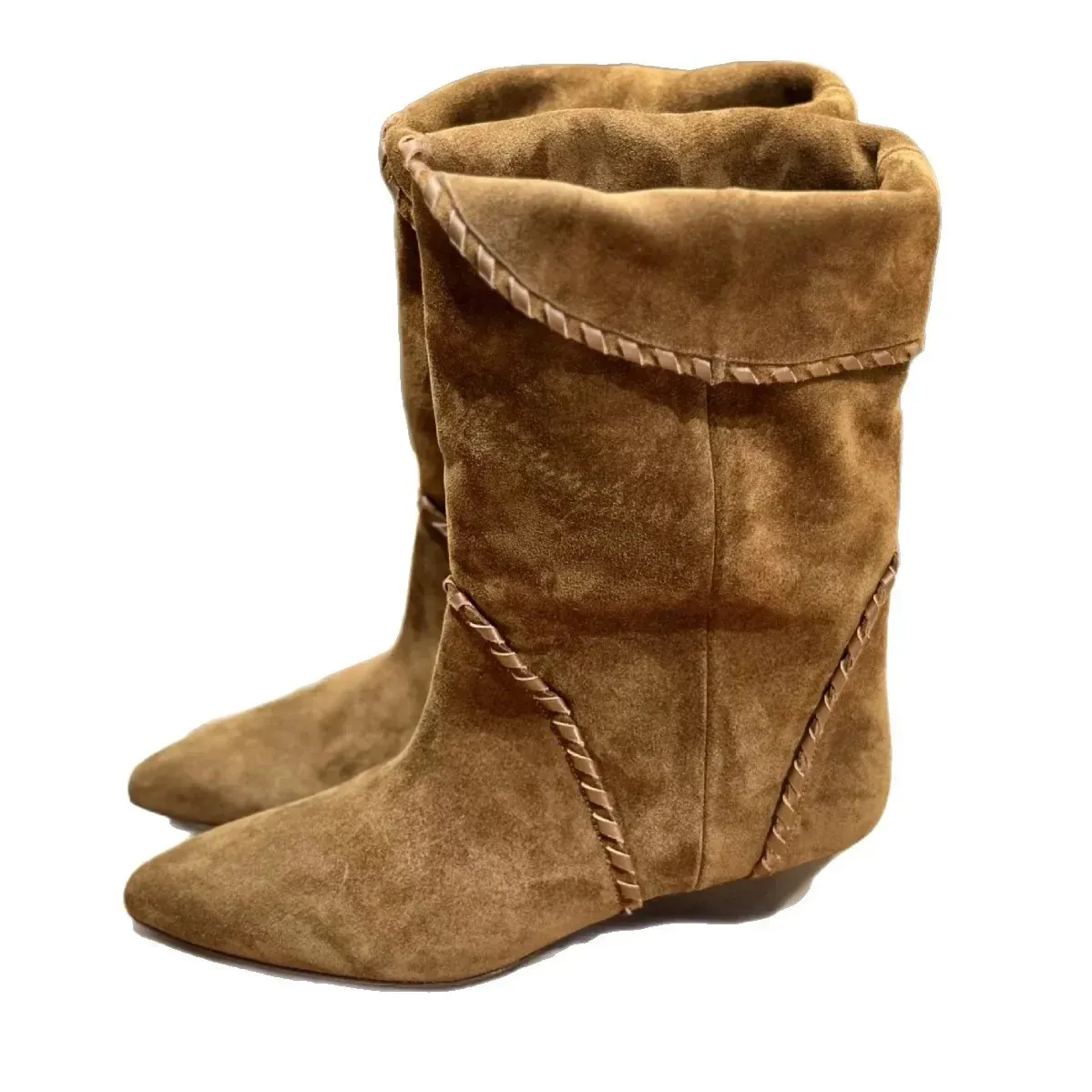 Womens TwoWay Wear Leather Version Western Cowboy Short Point Flip Edge Booties Sharp Pointed Toe Stacked Boots 251027_voghion.com