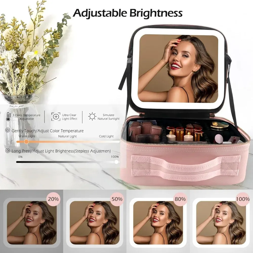 Trousse De Maquillage Portable, 3 Lumières LED Colorées, 7 Compartiments Réglables, Organisateur De Trousse De Toilette Avec Miroir Cosmétique, Petites Poches De Maquillage, Noir , Mittlere, Modernité