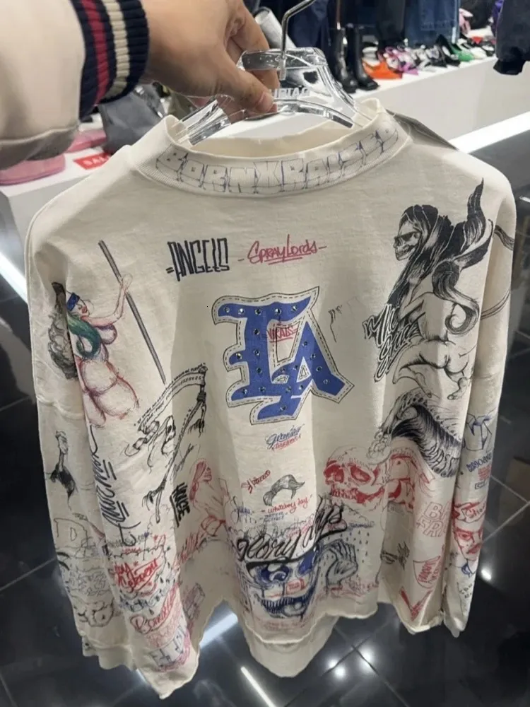 Wholesale Diamond Inlaid Graffiti Saint Long Sleeve TShirt Men... From Lu003, $