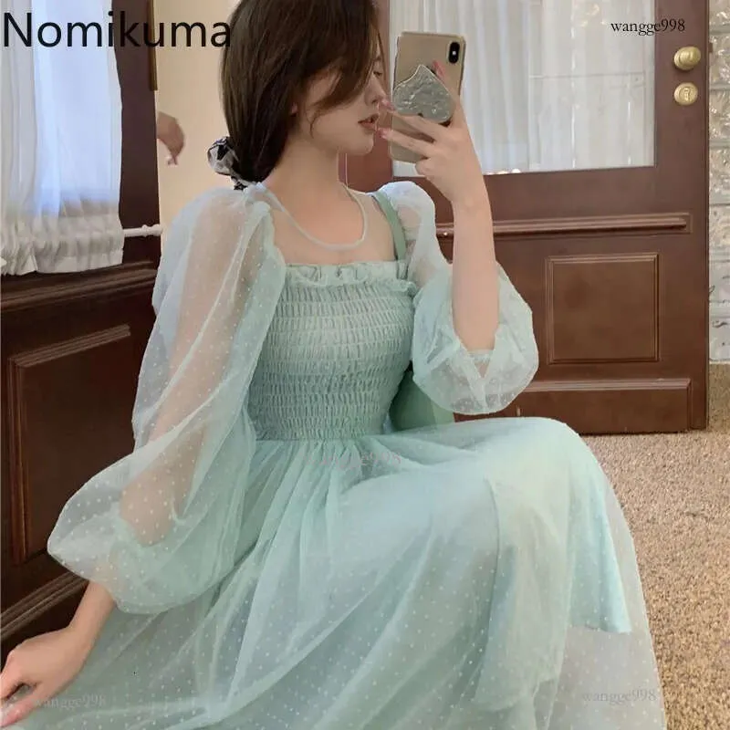 Nomikuma Vintage Korean Style Gauze Dress for Women - Elegant Square Collar A-Line with Long Sleeves and Slim Waist - Fashionable tulle robe Femme (
