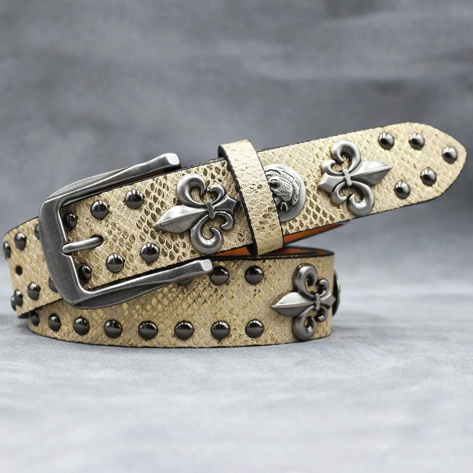 Vintage y2k express wide leather studded belt No Fear Y2K Black Genuine Leather 3 Row Studded Belt Small  main image 2
