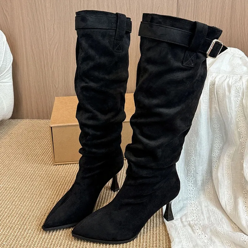 Korean Retro Suede Pointed Toe Pleated Pile Womens Buckle Skinny Heel High Boots 251027_voghion.com