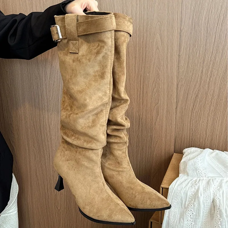 Suede Pointed Toe Pleated Buckle High Boots For Women_voghion.com
