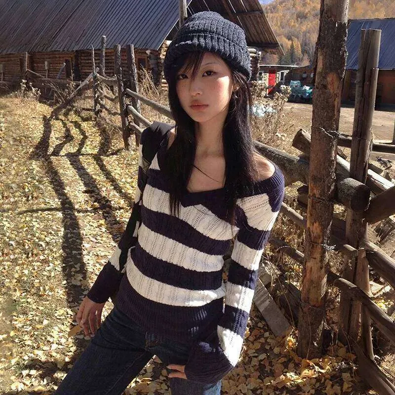 Japanese Y2k V Neck Striped Sweater Vintage Haruku... From 33,01 