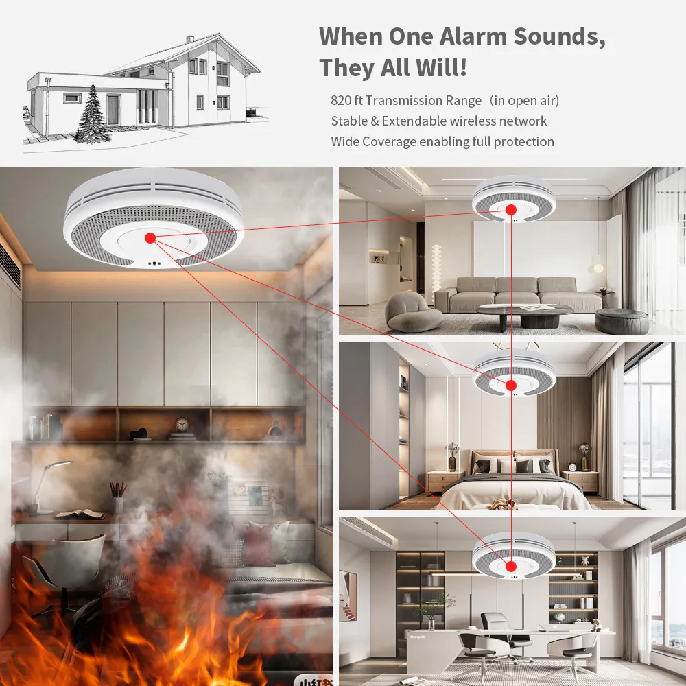 Wireless Interlinked Smoke Alarm Detector with Sealed 10-Year Li ...
