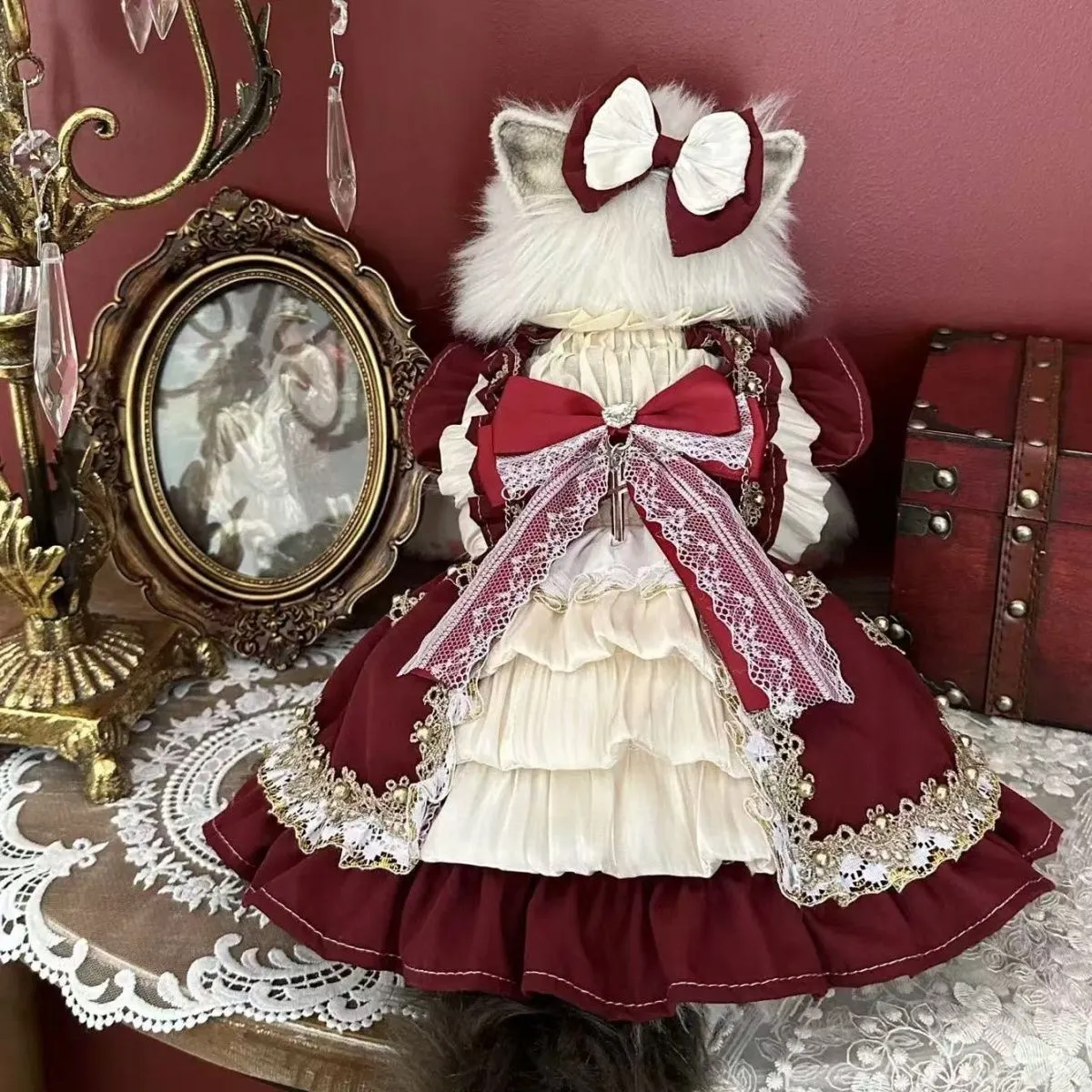 burgundy dog dress Burgundy Tulle Dog Dress: Formal Rhinestone Brooch, Satin Bodice