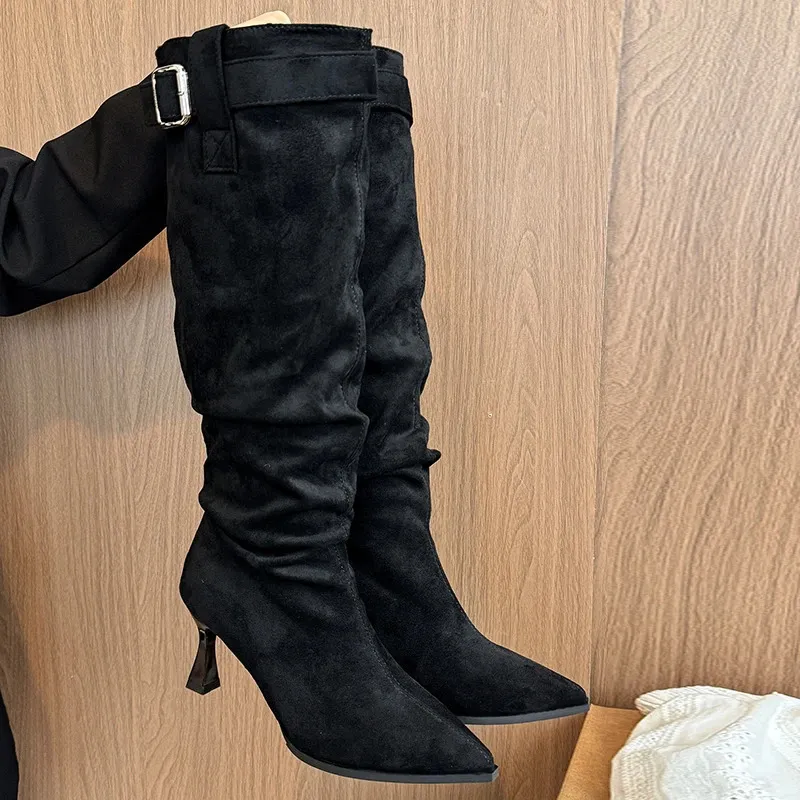 Suede Pointed Toe Pleated Buckle High Boots For Women_voghion.com