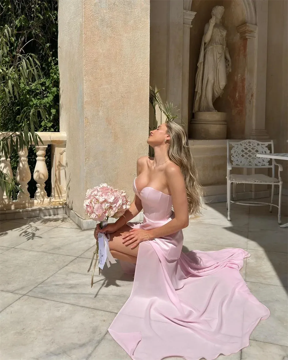 pink modern dress Modern Long Pink A-Line Sleeveless Satin Prom Dress with Elegant Slit Newinlook