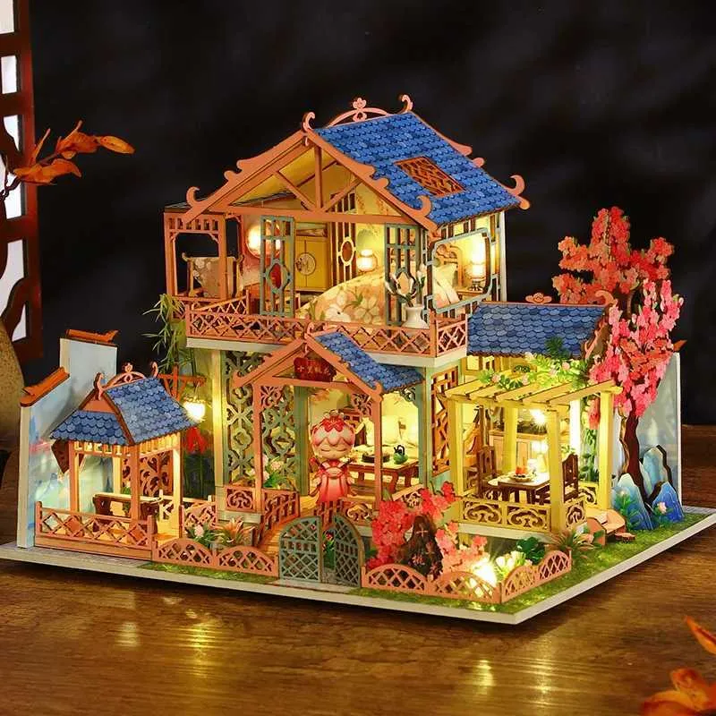 DIY Wooden Doll Houses Peach Blossom Attic Miniature Building Kits with ...
