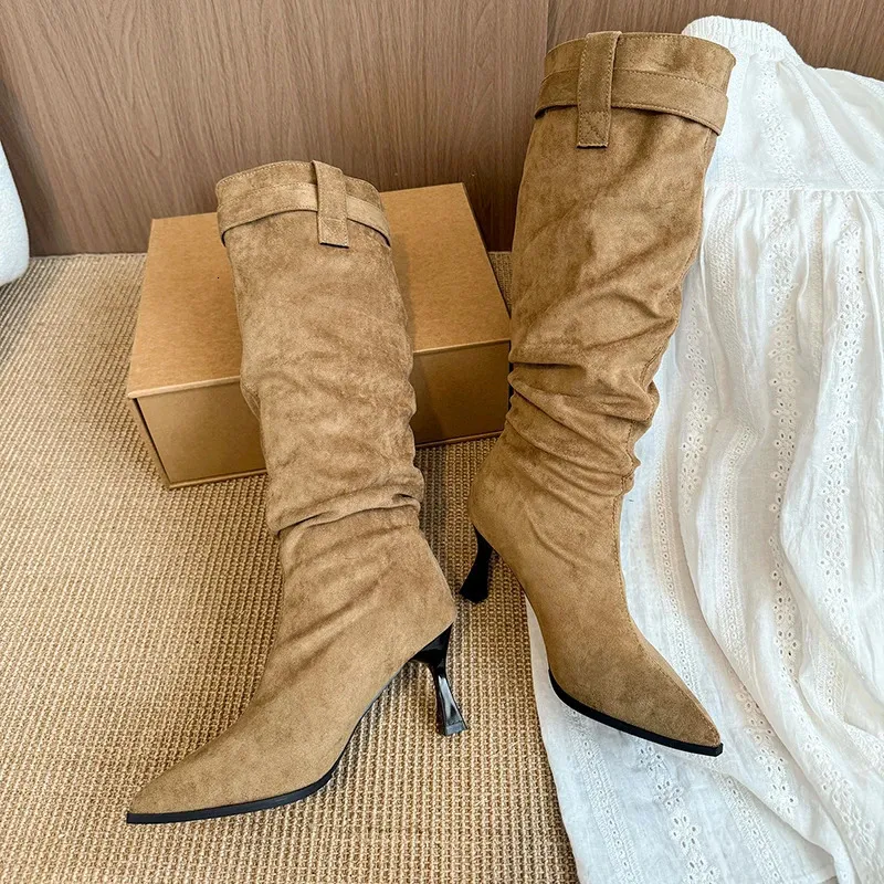Suede Pointed Toe Pleated Buckle High Boots For Women_voghion.com