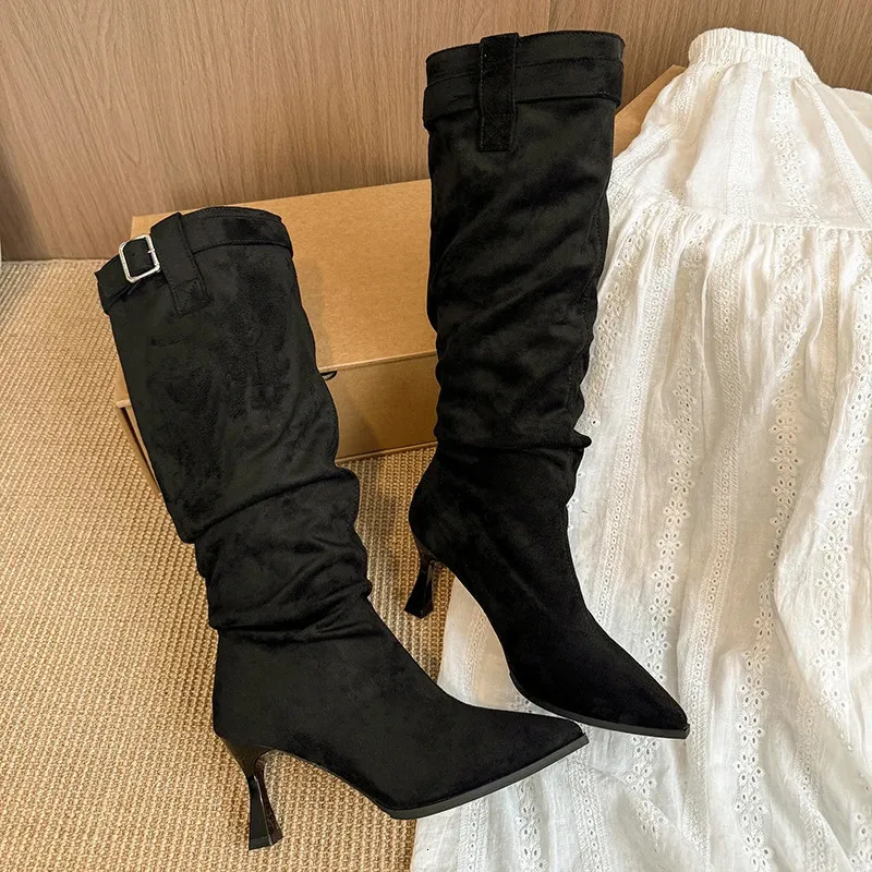 Korean Retro Suede Pointed Toe Pleated Pile Womens Buckle Skinny Heel High Boots 251027_voghion.com