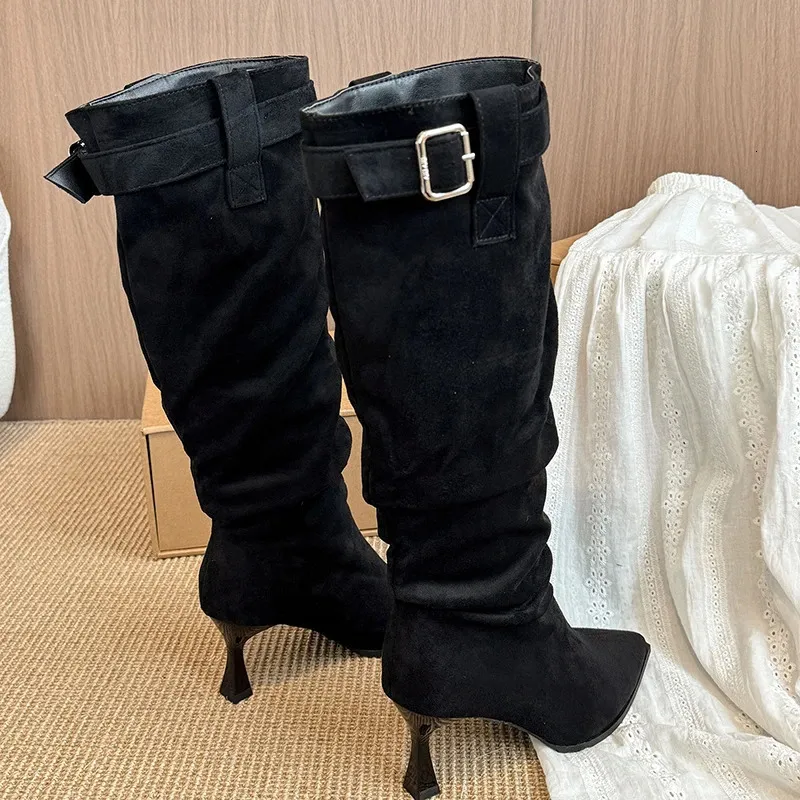 Suede Pointed Toe Pleated Buckle High Boots For Women_voghion.com