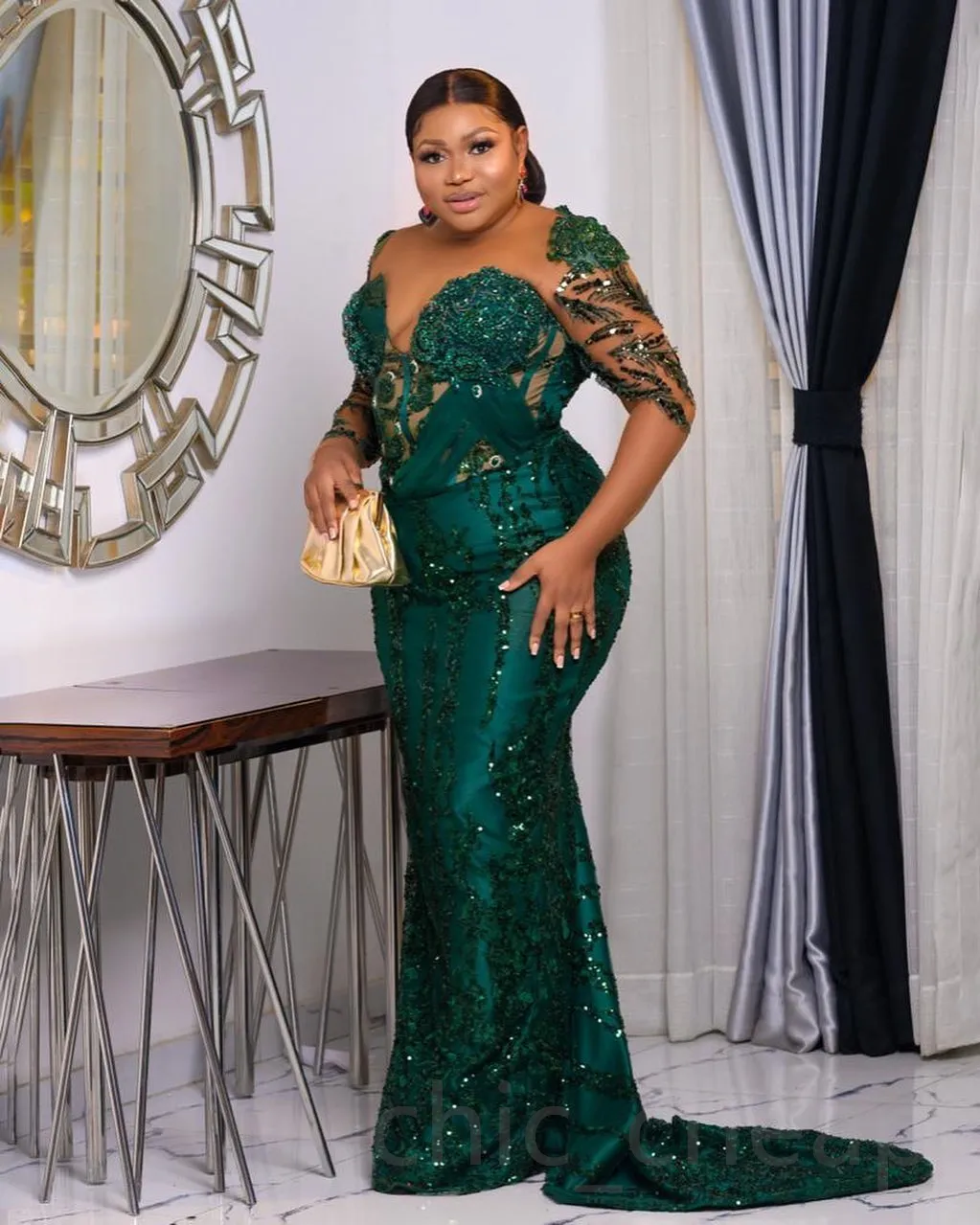 slim fit dress slacks Hunter Green Chiffon Prom Long Dresses Beaded V-Neck main image 0