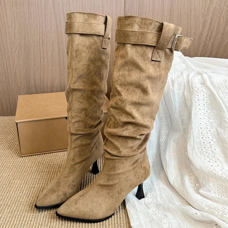 Korean Retro Suede Pointed Toe Pleated Pile Womens Buckle Skinny Heel High Boots 251027_voghion.com