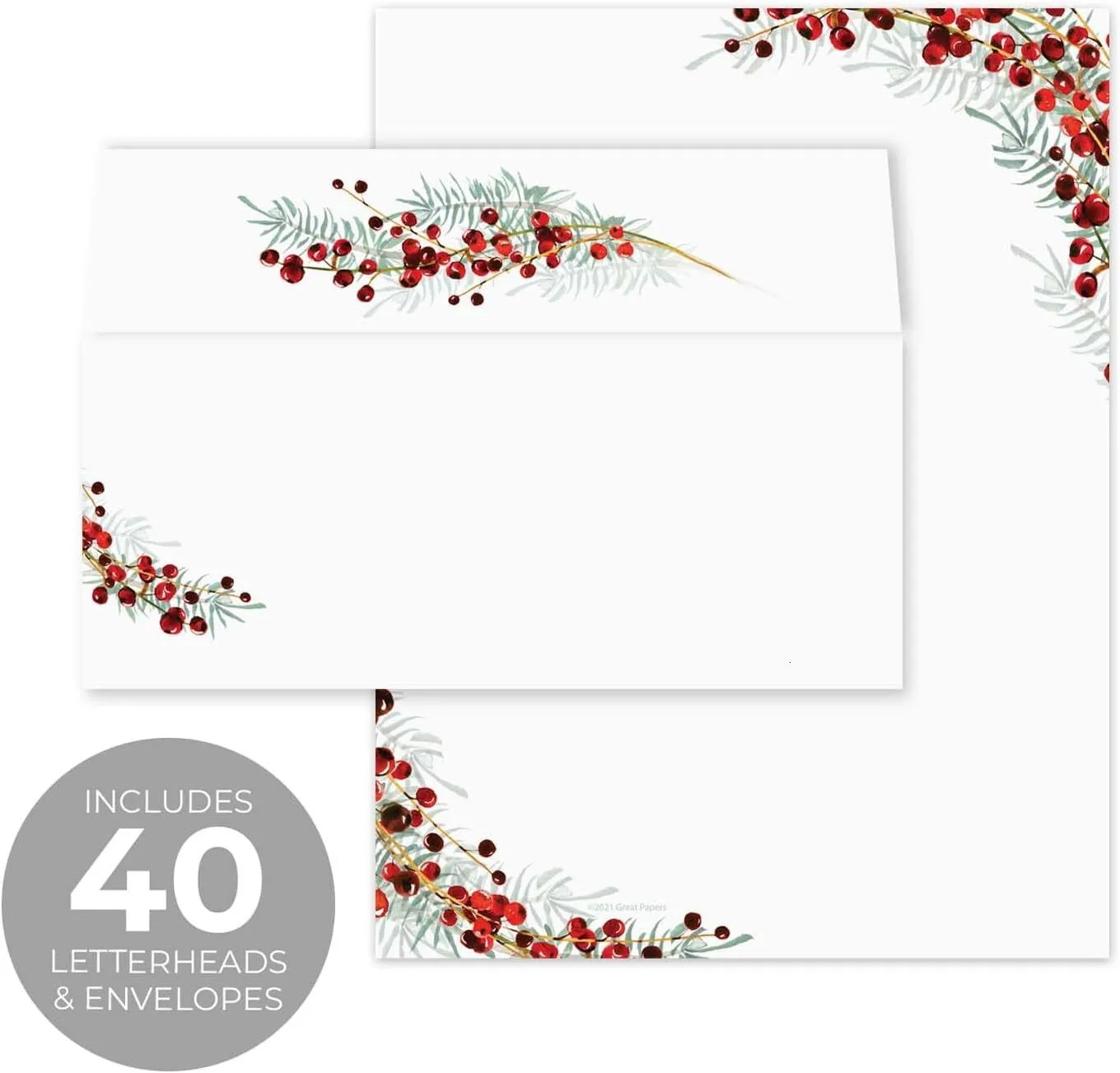 Vintage Pine & Berries Christmas Stationery | 60 Sheets 8.5x11 | Holiday Letter Paper | Printer Friendly