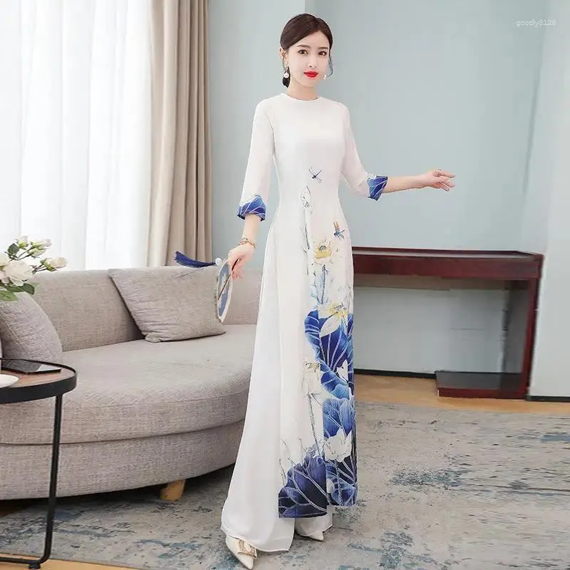 Chic Ao Dai pola cheongsam Dress Dress for Women - Folk Style Chiffon Aodai with Graceful Chinese Traditional Design - Perfect for Spring and Summer