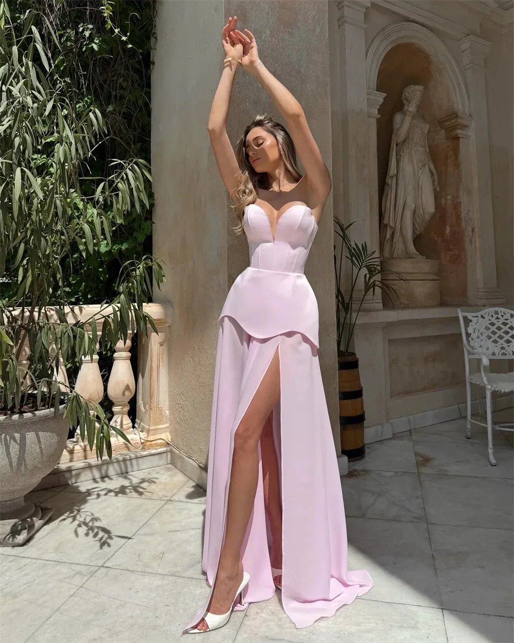 New Modern Pink Evening Formal Dress 2026 Two Pieces Strapless Chiffon Satin Prom Pageant Party Gowns Birthday Dresses Robe De Soiree New Modern Pink Evening Formal Dress 2026 Two Pieces Strapless Chiffon Satin Prom Pageant Party Gowns Birthday Dresses Robe De Soiree