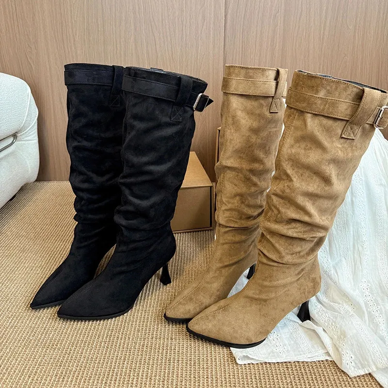 Suede Pointed Toe Pleated Buckle High Boots For Women_voghion.com