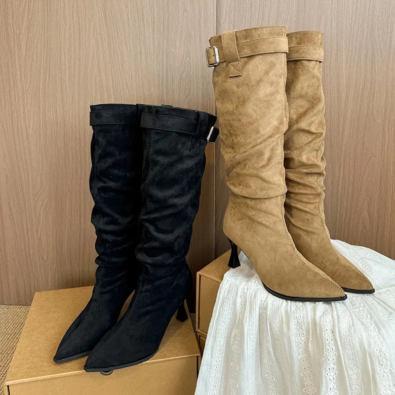 Suede Pointed Toe Pleated Buckle High Boots For Women_voghion.com