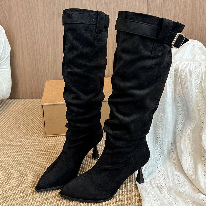 Suede Pointed Toe Pleated Buckle High Boots For Women_voghion.com