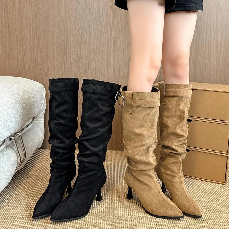 Suede Pointed Toe Pleated Buckle High Boots For Women_voghion.com