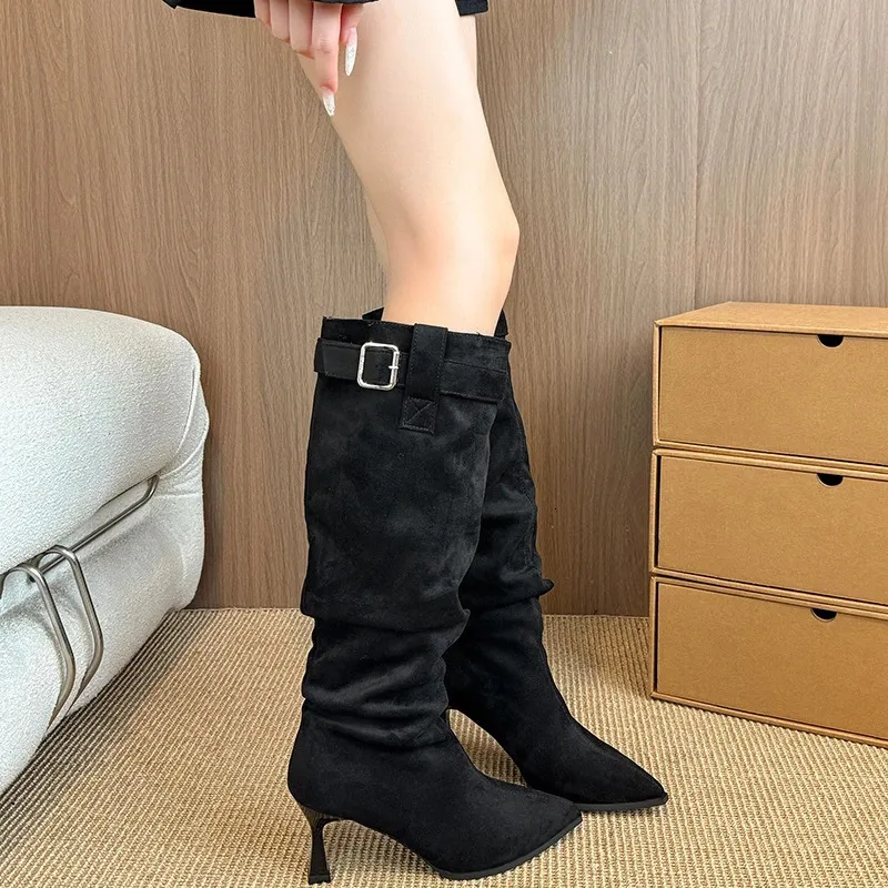 Suede Pointed Toe Pleated Buckle High Boots For Women_voghion.com