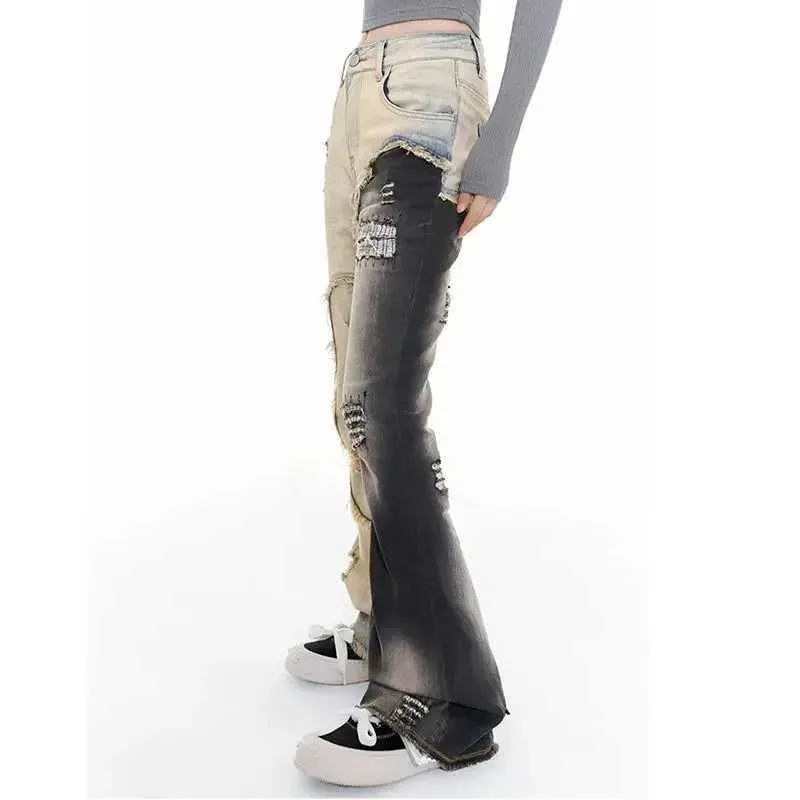 Women's Jeans Hot Bell-bottoms Patchwork Embroidered Khaki Splash-Ink Jeans Women's Spring Autumn High Waist Loose Straight Retro Trousers InsL240105