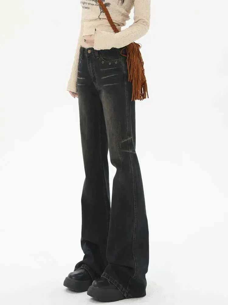Women's Jeans American Retro Low Rise Waisted Hippie Flared Jeans For Women Y2k Autumn Winter Wear Sweet Cool Girl Denim Bell Bottom TrousersL240105