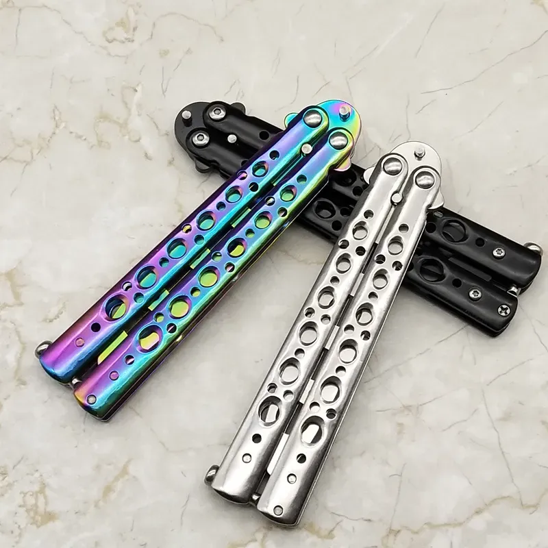 No Edge Butterfly Training Knife Titanium Rainbow Color 3Cr13Mov Stainless Steel Butterfly Practice Knife Knives Dull Tool