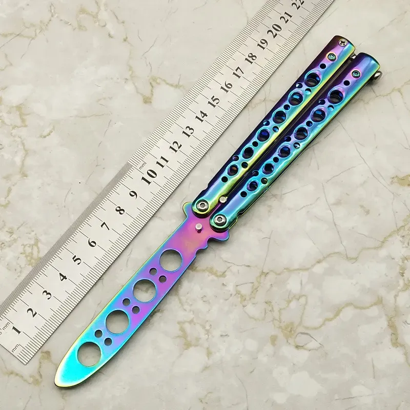 No Edge Butterfly Training Knife Titanium Rainbow Color 3Cr13Mov Stainless Steel Butterfly Practice Knife Knives Dull Tool