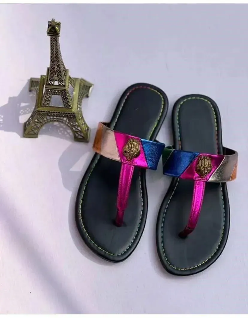 Kurt Geiger Flip Flops Slippers Women Sandals Stitching Luxury Rainbow Slipper Designer Slides Flat Shoes Head Diamond Buckle Plus