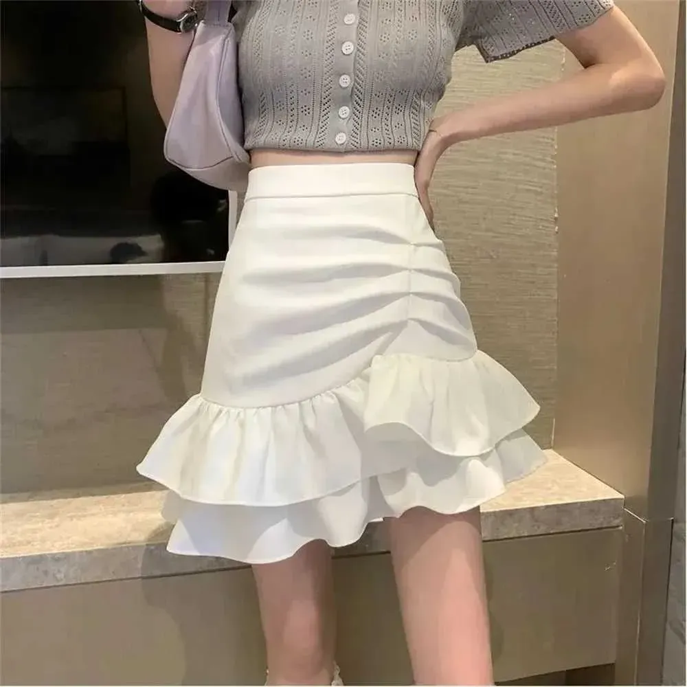 Skirts 2024 Woman Korean Fashion Summer Irregular Ruffles Short Skirts High Waist Mini Skirt for Women Black White Pink Fishtail Skirts