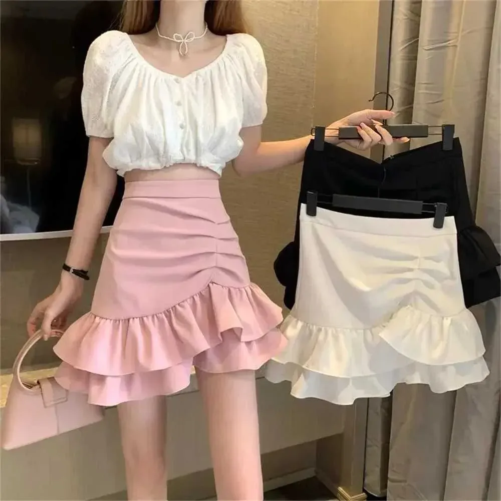 Skirts 2024 Woman Korean Fashion Summer Irregular Ruffles Short Skirts High Waist Mini Skirt for Women Black White Pink Fishtail Skirts