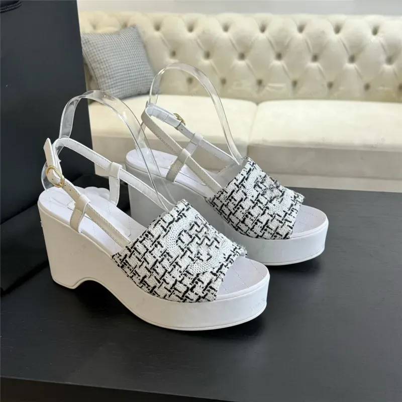 2024 High quality Ankle Strap High Heels Wedge Sandals famous brand Thick Bottom Women Summer Open Toe Platform Wooden sole Sandals Weave Cross Band Chunky Heeled