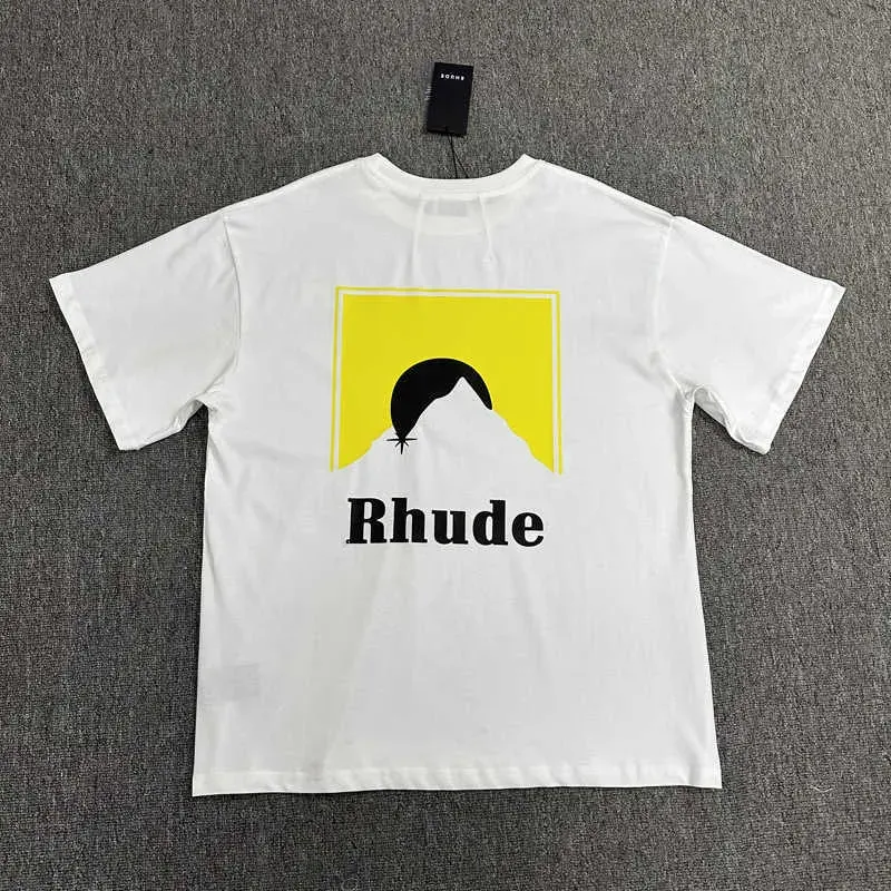 American High Street Fashion Brand Rhude Yellow Sunset Chart Letter Printing Casual Loose Short Sleeve T-shirt Unisex Summer