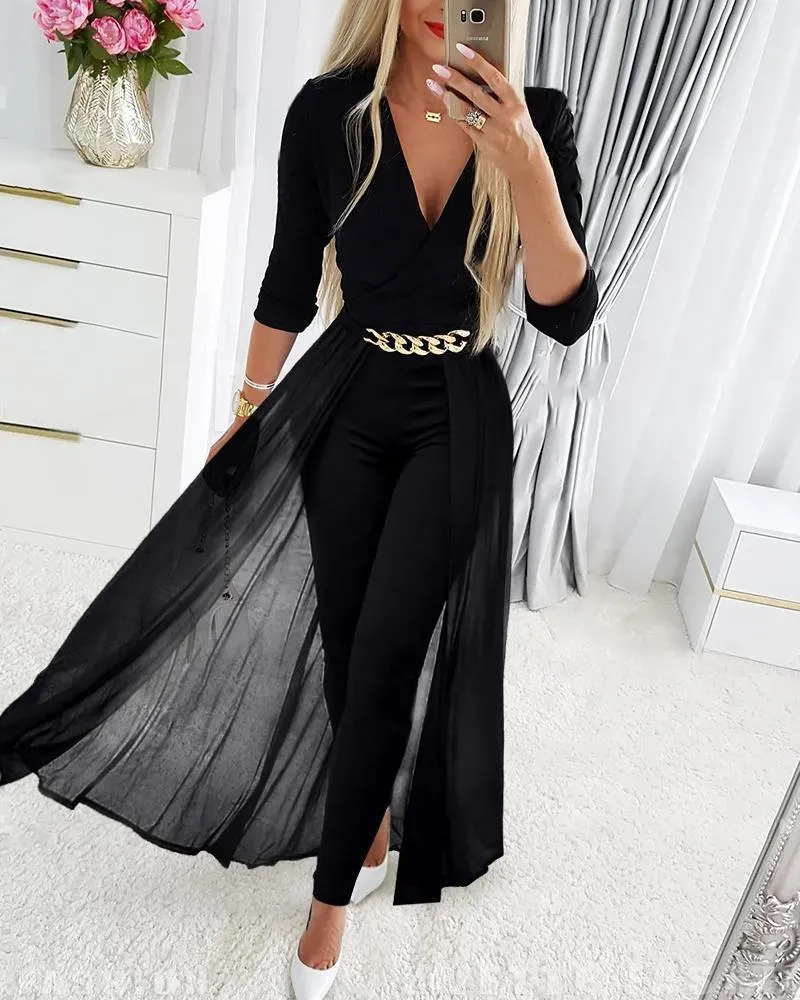 Women's Jumpsuits Rompers Deep V Neck Mesh Long Sleeve Jumpsuit Overall Women Black Elegant Rhinestone Chain Glitter Party Night Sexy Bodysuits 230920