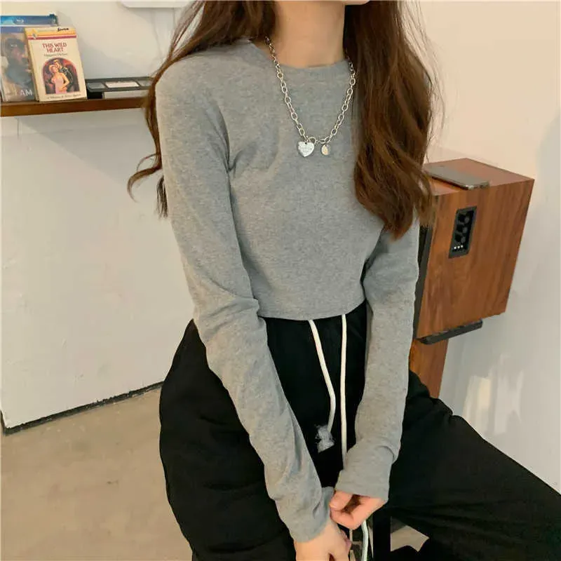 Women's T-Shirt Long Sleeve T-shirts Women O-neck Basic New Sexy Crop Top Slim Streetwear Harajuku Solid Simple Casual Daily Cozy Korean Style T230104