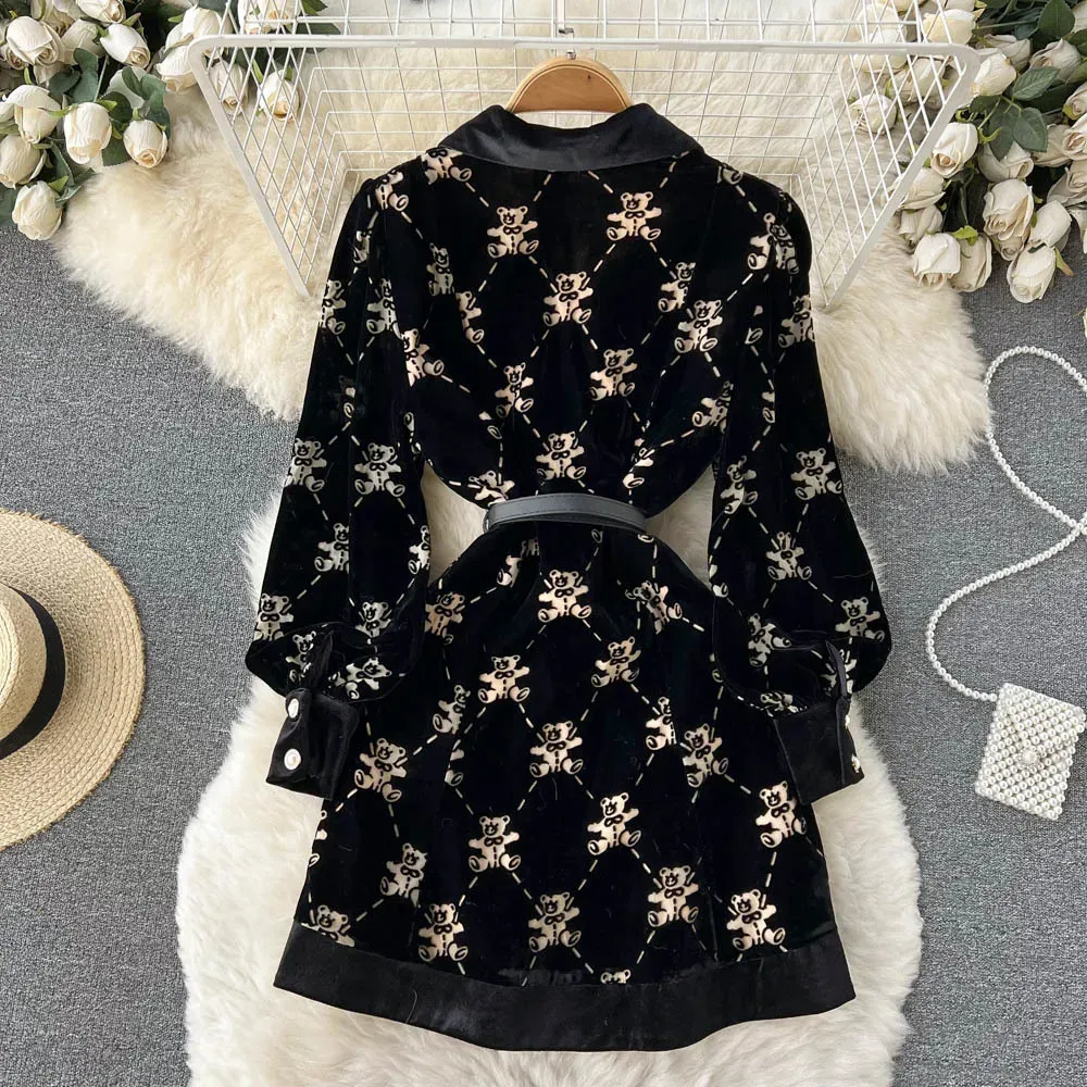 Autumn Fashion Temperament Velvet Woman Dress Cute Bear Print Lace-up Waist Long Sleeve Short Dresses Women Button-up Vestidos 2023