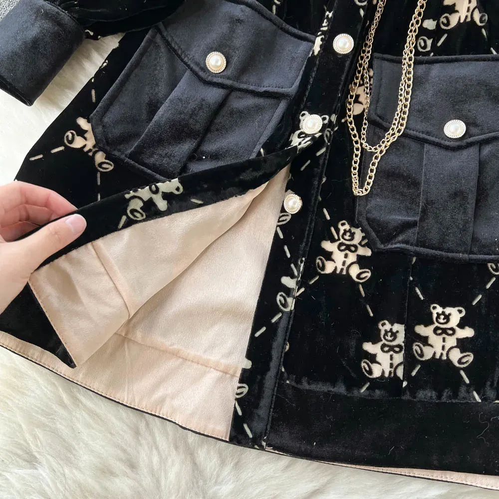 Autumn Fashion Temperament Velvet Woman Dress Cute Bear Print Lace-up Waist Long Sleeve Short Dresses Women Button-up Vestidos 2023