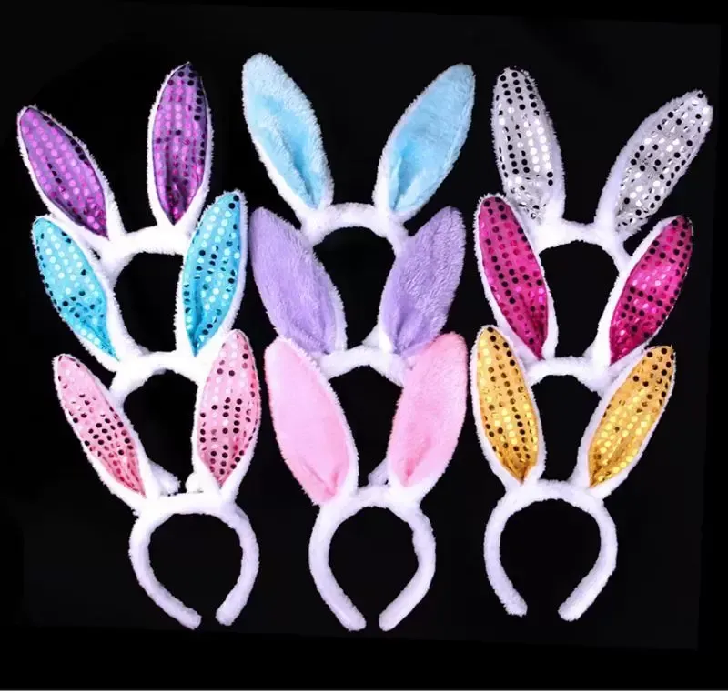 LED Light Flashing Fluffy Rabbit Ears Headband Sequins Headdress Bunny Ears Costume accessory Cosplay Woman Halloween Christmas Party Supply