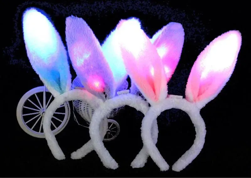 LED Light Flashing Fluffy Rabbit Ears Headband Sequins Headdress Bunny Ears Costume accessory Cosplay Woman Halloween Christmas Party Supply