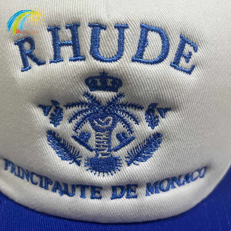 Classic Fashion Blue Letters Crown Embroidery RHUDE Hat Men Women Adjustable Sunscreen Mesh Patchwork RHUDE Baseball Cap293K