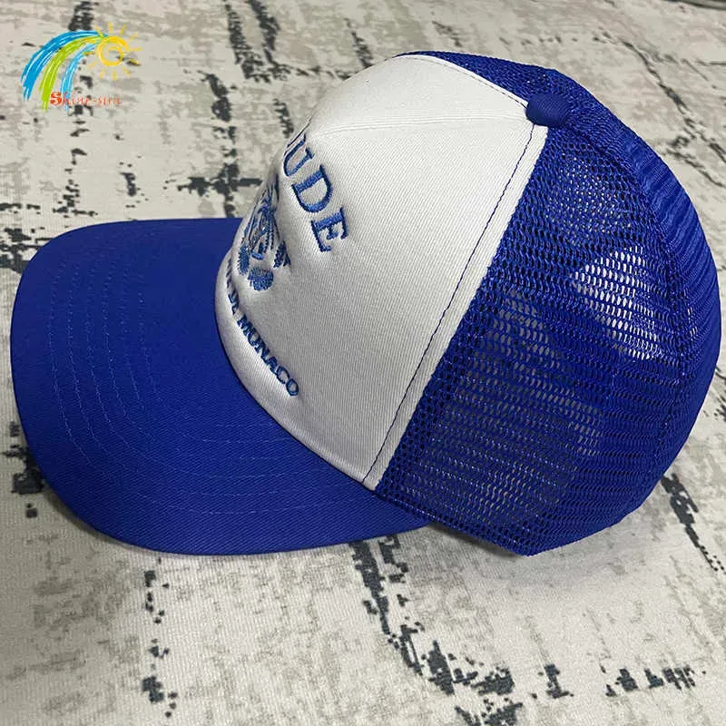 Classic Fashion Blue Letters Crown Embroidery RHUDE Hat Men Women Adjustable Sunscreen Mesh Patchwork RHUDE Baseball Cap293K