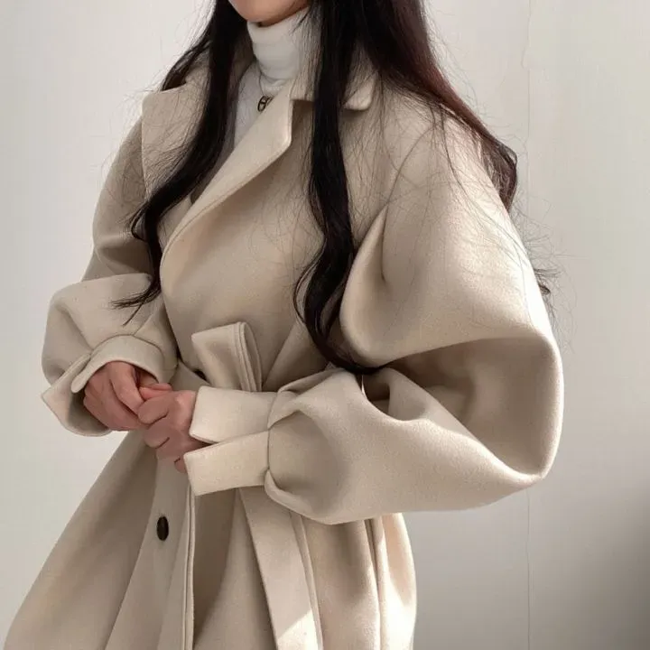 2023 Winter Women Wool Elegant Turn-down Collar Single Breasted Woolen Coat Vintage Slim Lantern Sleeve Solid Jacket with Belt